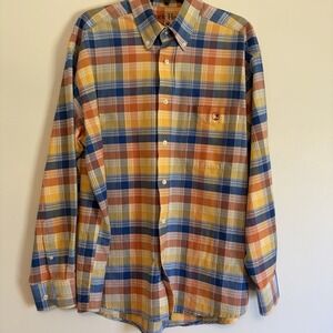 Duck Head Men's Medium Plaid Button Up Long Sleeve Shirt Blue Yellow Orange